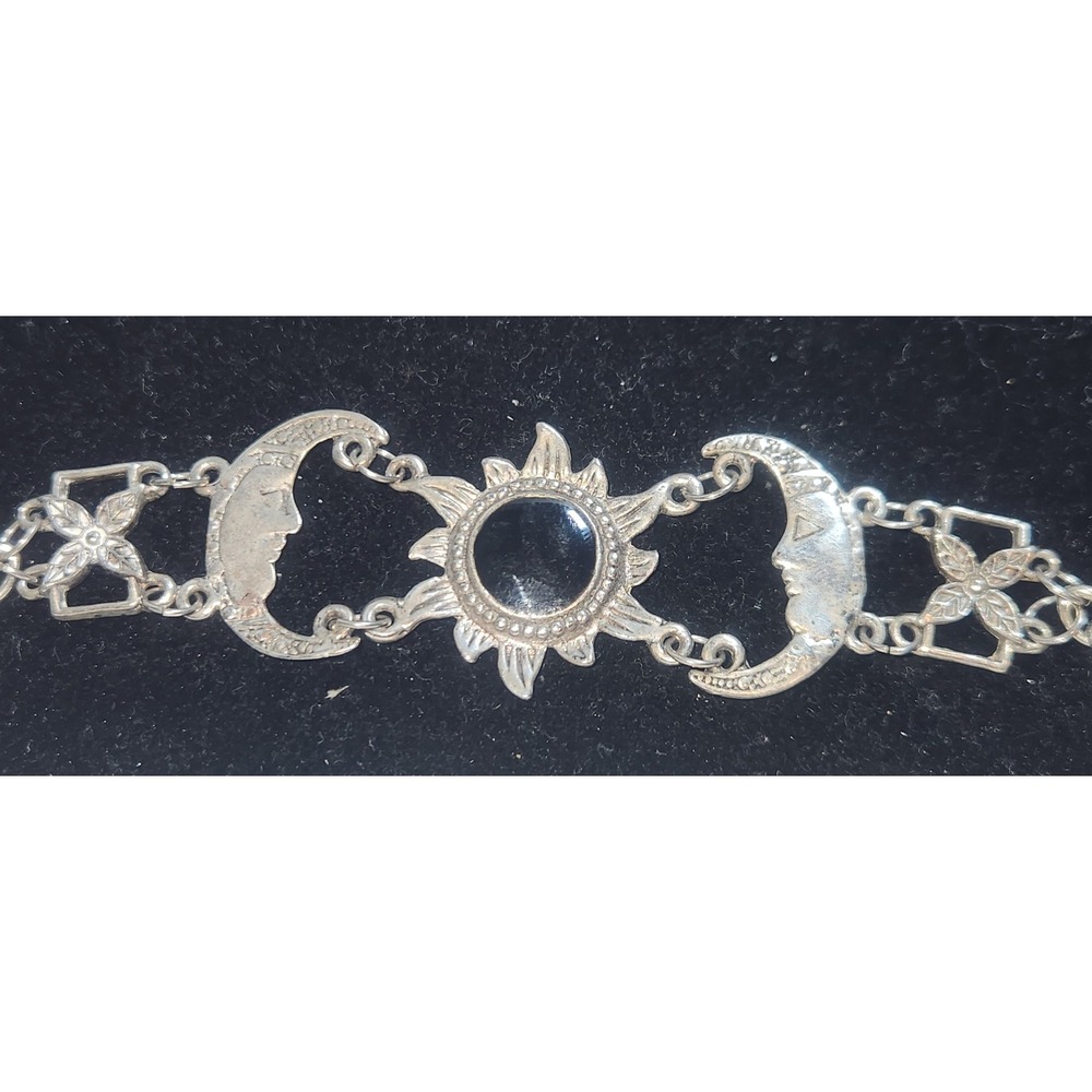 Celestial Sun Moon Link Bracelet Silver Tone Black Cabochon Boho Mystical - Picture 6 of 14